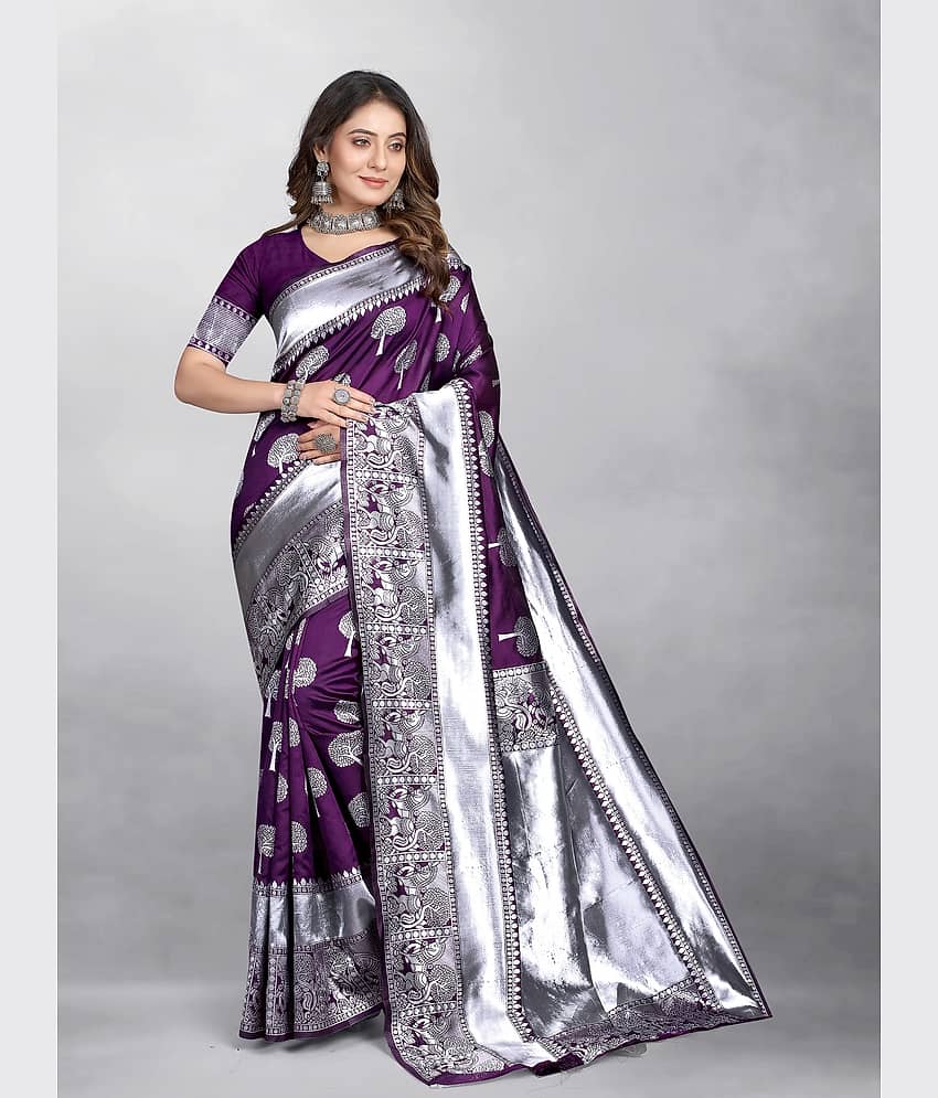 Gazal Fashions Banarasi Silk Embellished Saree With Unstitched Blouse Piece ( Purple ) - Sarees | Buy online on ZillyBuy