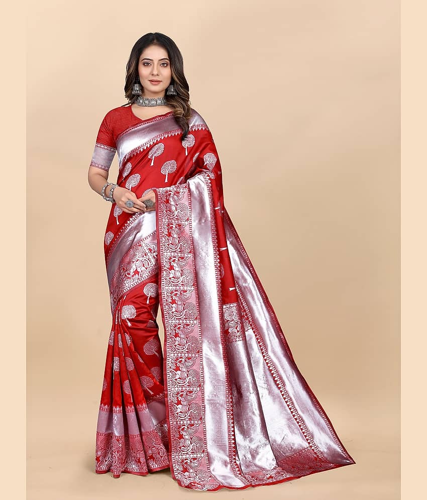Gazal Fashions Banarasi Silk Embellished Saree With Unstitched Blouse Piece ( Red ) - Sarees | Buy online on ZillyBuy