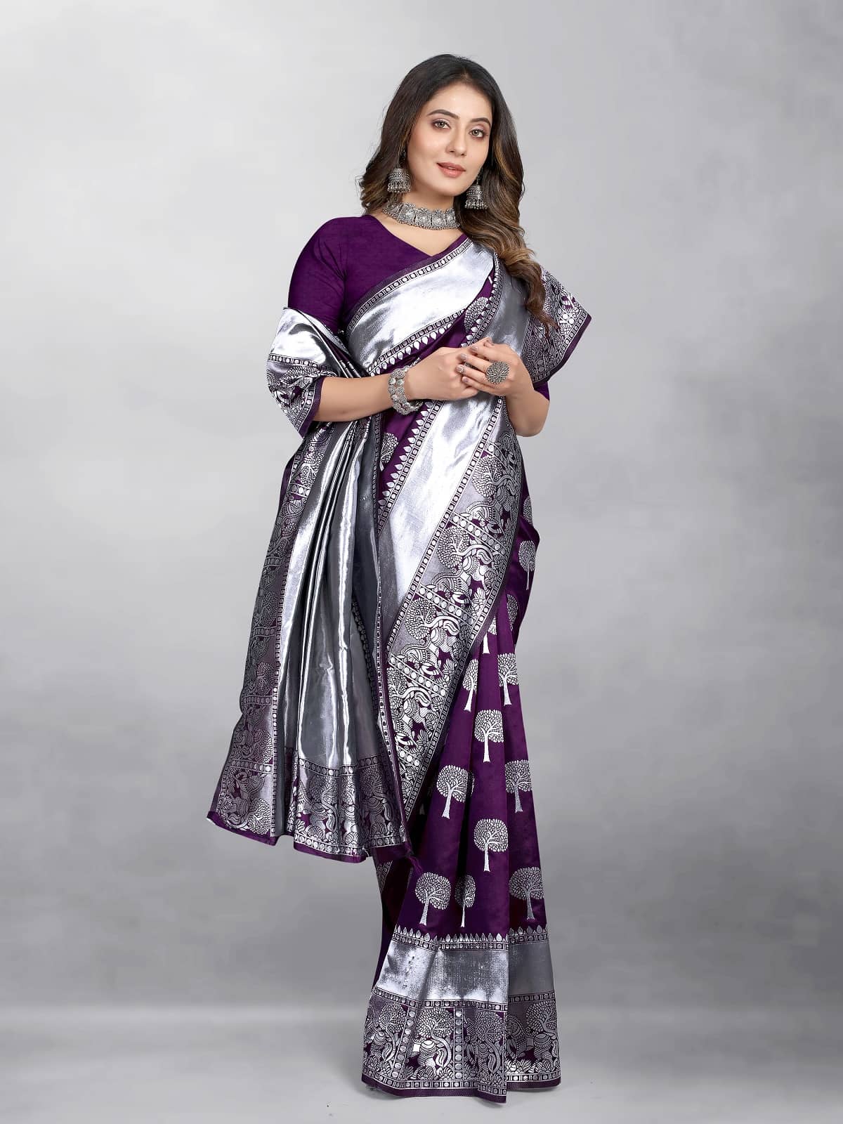 Gazal Fashions Banarasi Silk Embellished Saree With Unstitched Blouse Piece ( Wine ) - Sarees | Buy online on ZillyBuy