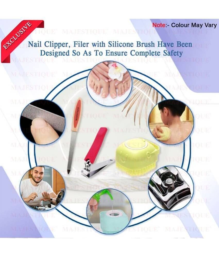 Majestique Nail Cutter & Filer With Gentle Silicone Scrubber(Pack Of 3) Color May Vary