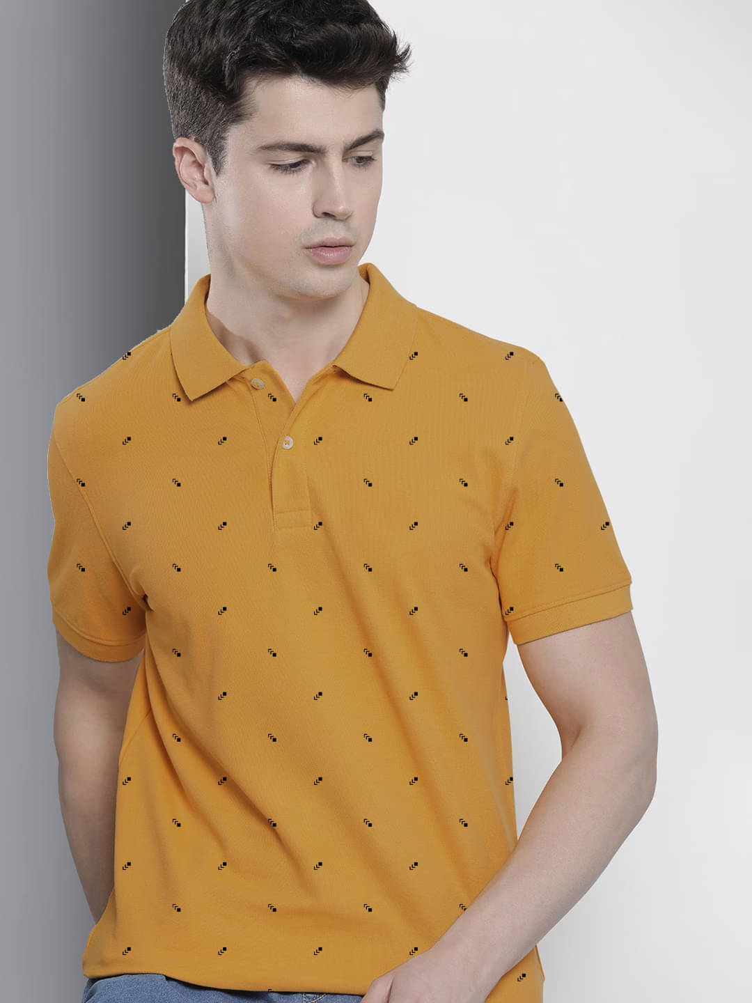 Merriment Pack of 1 Cotton Blend Regular Fit Printed Half Sleeves Men's Polo T Shirt ( Mustard )     			Merriment Pack of 1 Cotton Blend Regular Fit Printed Half Sleeves Men's Polo T Shirt ( Mustard )