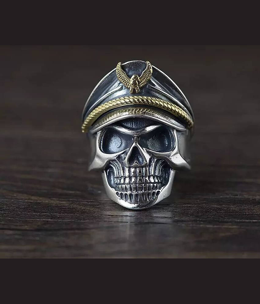Thrillz Latest Men's Silver Ring For Boys Stainless Steel Captain Pirate Adjustable Silver Eagle Hat Pilot Skull Finger Ring For Men