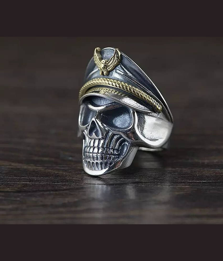 Thrillz Latest Men's Silver Ring For Boys Stainless Steel Captain Pirate Adjustable Silver Eagle Hat Pilot Skull Finger Ring For Men