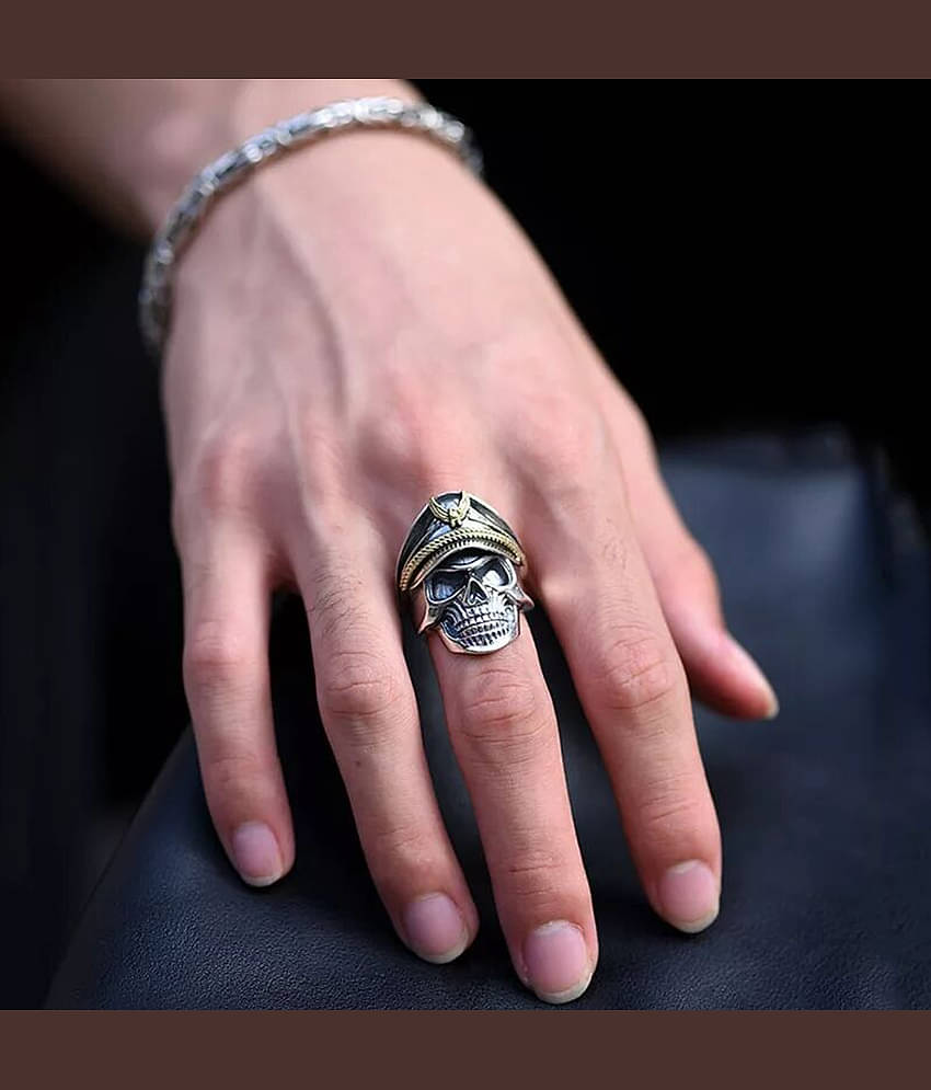 Thrillz Latest Men's Silver Ring For Boys Stainless Steel Captain Pirate Adjustable Silver Eagle Hat Pilot Skull Finger Ring For Men