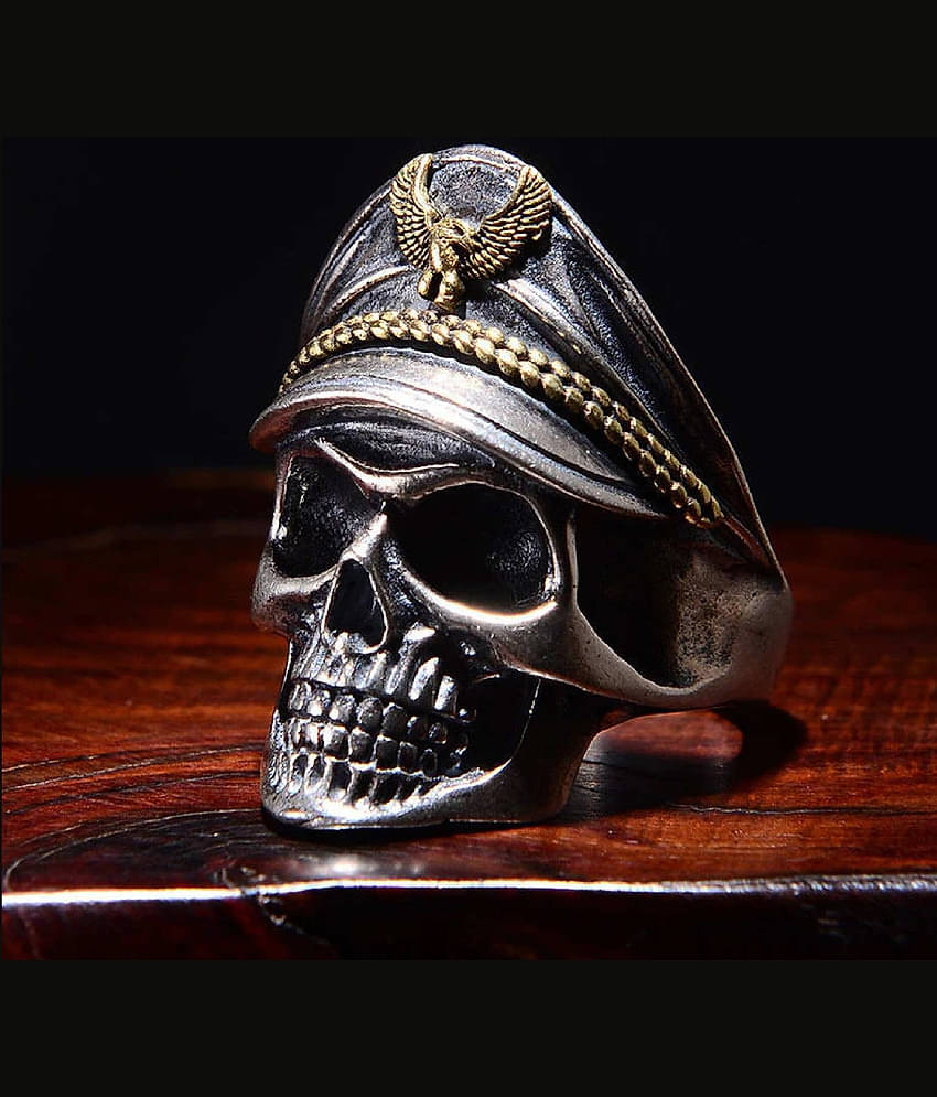 Thrillz Latest Men's Silver Ring For Boys Stainless Steel Captain Pirate Adjustable Silver Eagle Hat Pilot Skull Finger Ring For Men