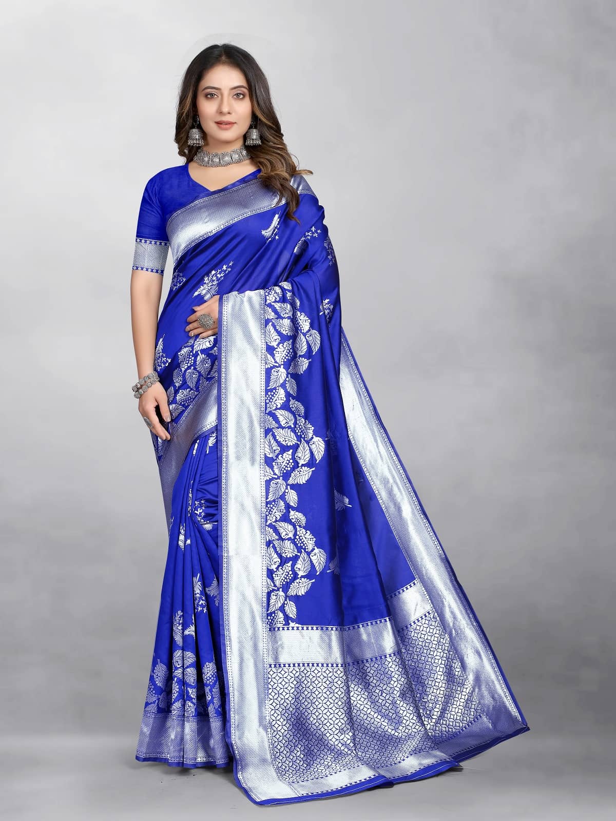 Gazal Fashions Banarasi Silk Embellished Saree With Unstitched Blouse Piece ( Blue ) - Sarees | Buy online on ZillyBuy