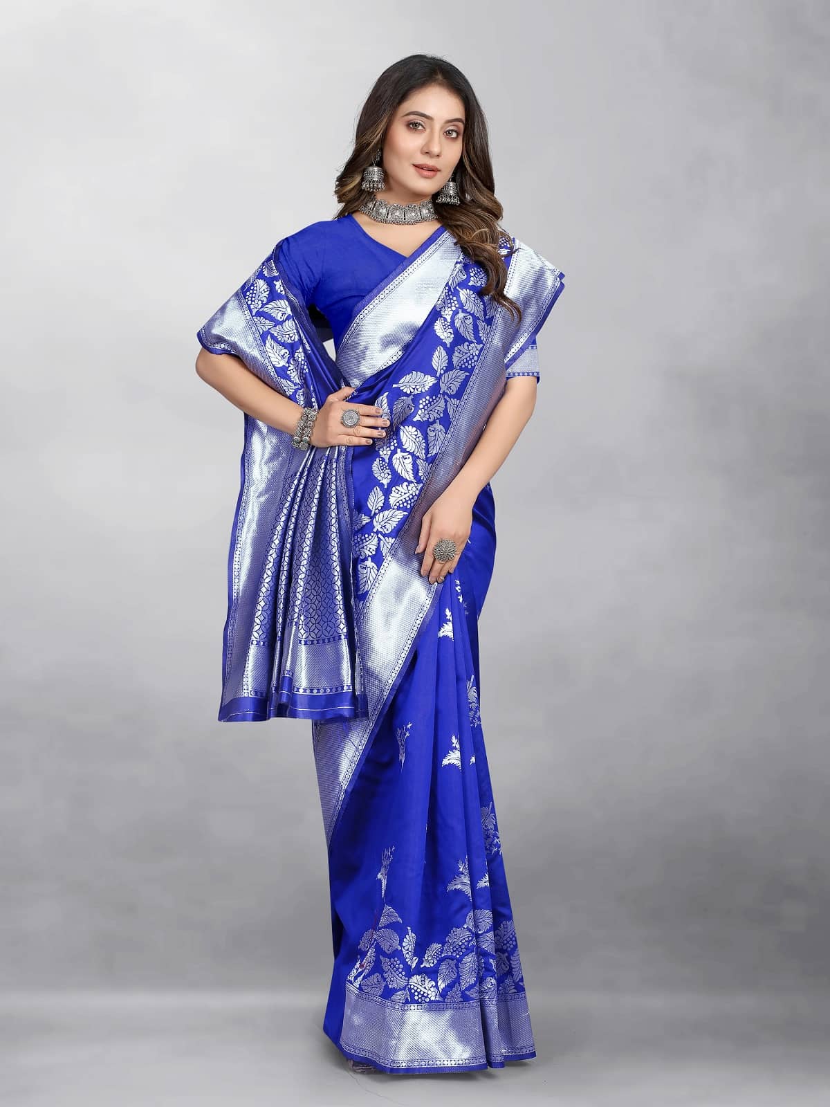 Gazal Fashions Banarasi Silk Embellished Saree With Unstitched Blouse Piece ( Blue ) - Sarees | Buy online on ZillyBuy