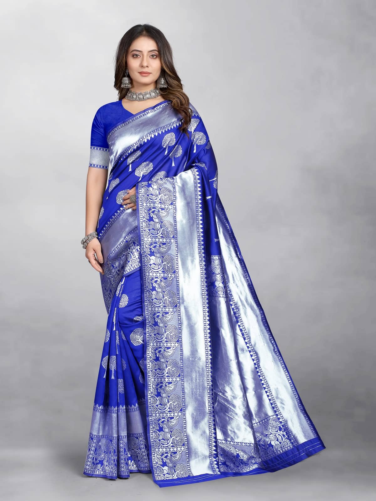 Gazal Fashions Banarasi Silk Embellished Saree With Unstitched Blouse Piece ( Blue ) - Sarees | Buy online on ZillyBuy
