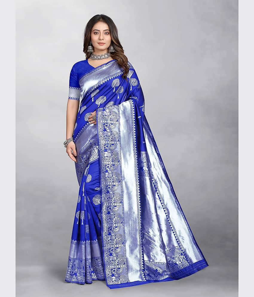 Gazal Fashions Banarasi Silk Embellished Saree With Unstitched Blouse Piece ( Blue ) - Sarees | Buy online on ZillyBuy