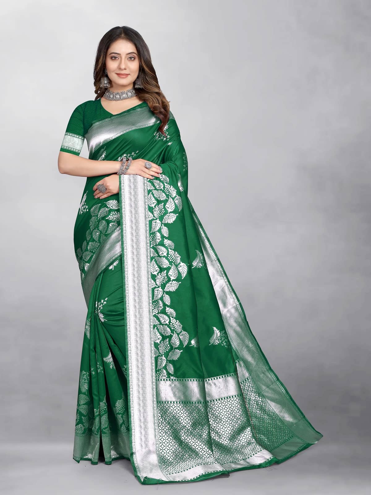 Gazal Fashions Banarasi Silk Embellished Saree With Unstitched Blouse Piece ( Green ) - Sarees | Buy online on ZillyBuy