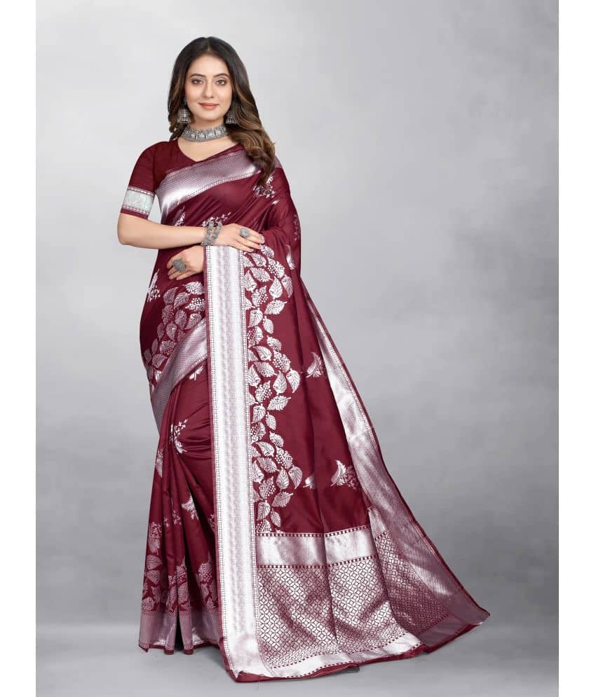 Gazal Fashions Banarasi Silk Embellished Saree With Unstitched Blouse Piece ( Maroon ) - Sarees | Buy online on ZillyBuy