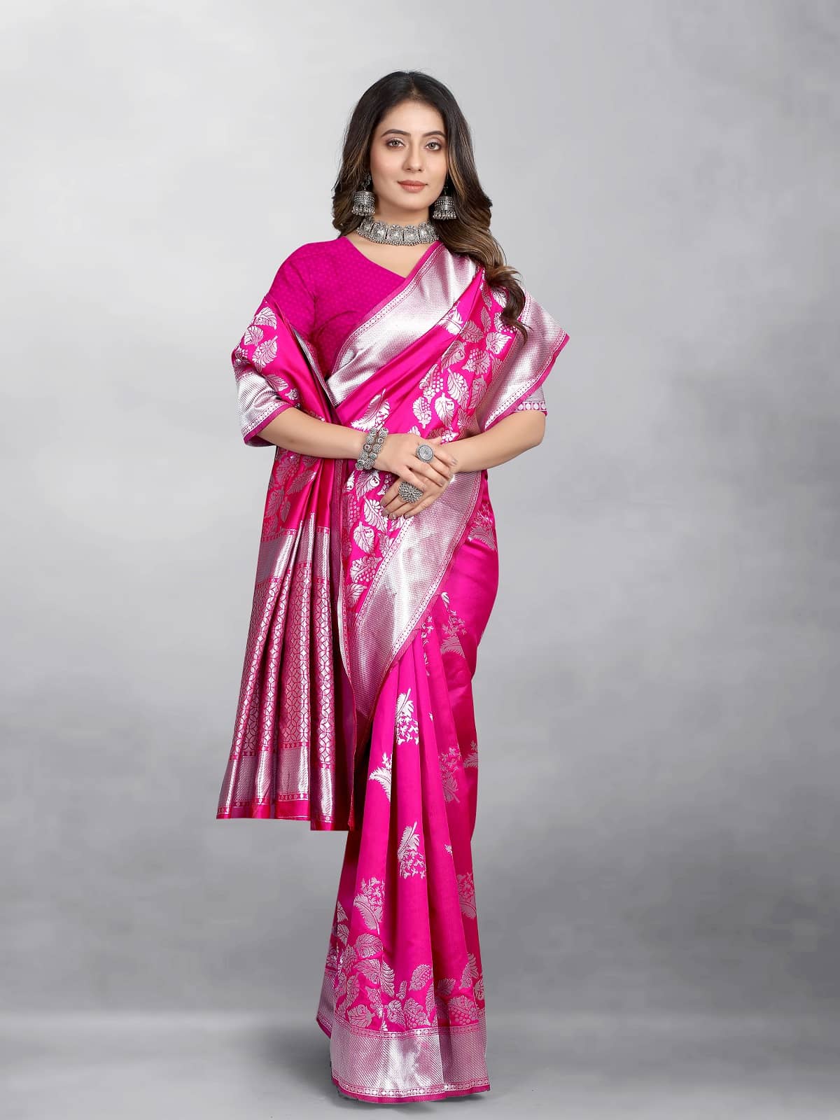 Gazal Fashions Banarasi Silk Embellished Saree With Unstitched Blouse Piece ( Pink ) - Sarees | Buy online on ZillyBuy