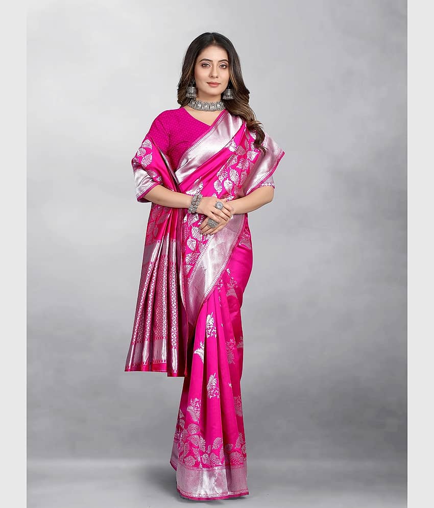 Gazal Fashions Banarasi Silk Embellished Saree With Unstitched Blouse Piece ( Pink ) - Sarees | Buy online on ZillyBuy