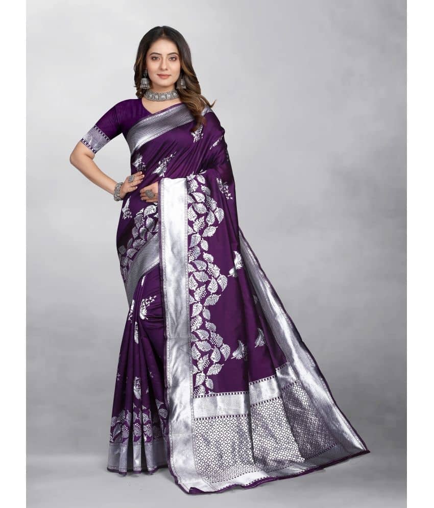 Gazal Fashions Banarasi Silk Embellished Saree With Unstitched Blouse Piece ( Purple ) - Sarees | Buy online on ZillyBuy