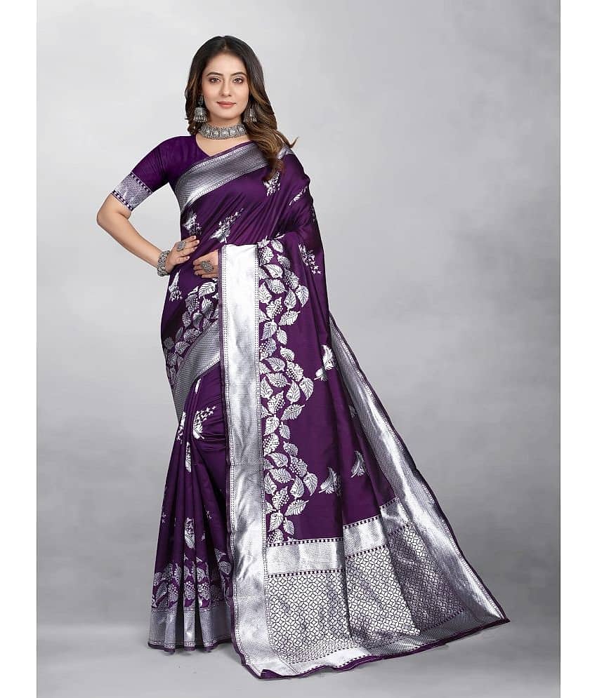 Gazal Fashions Banarasi Silk Embellished Saree With Unstitched Blouse Piece ( Purple ) - Sarees | Buy online on ZillyBuy