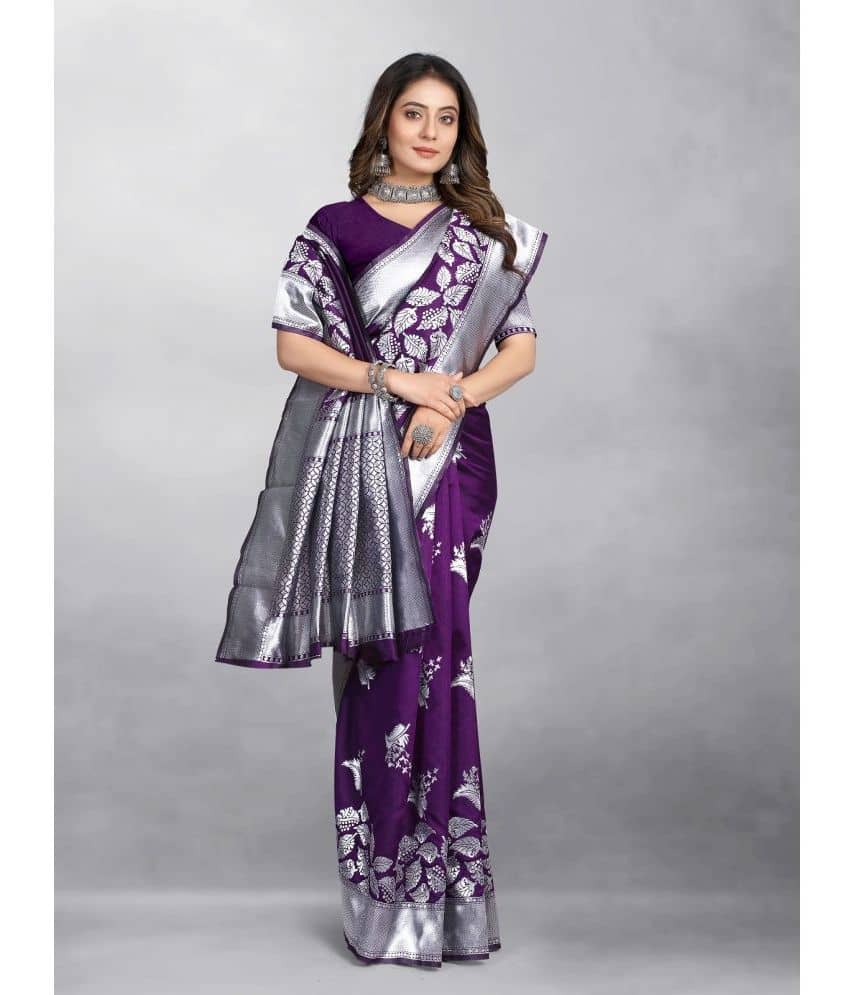 Gazal Fashions Banarasi Silk Embellished Saree With Unstitched Blouse Piece ( Purple ) - Sarees | Buy online on ZillyBuy