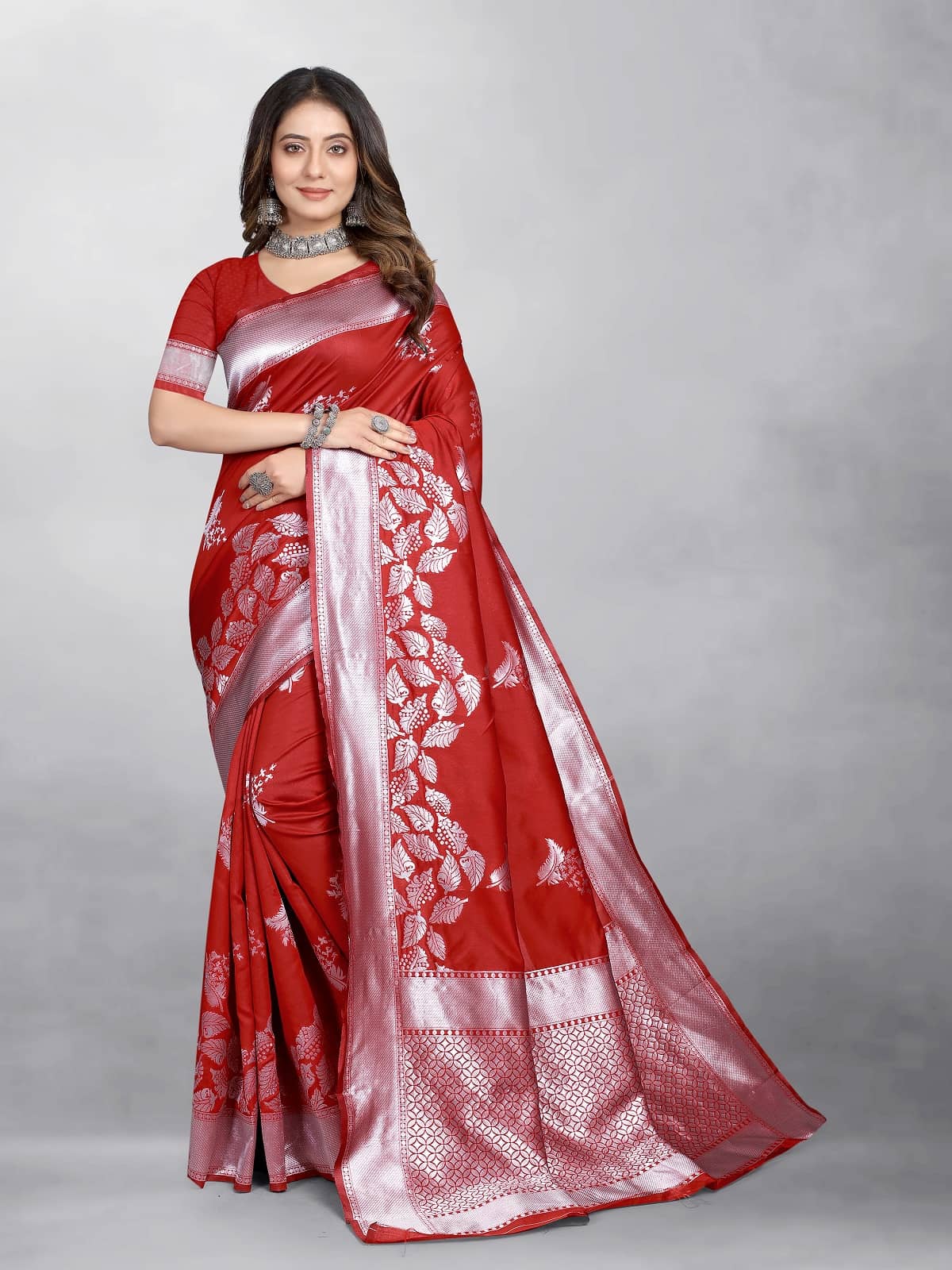 Gazal Fashions Banarasi Silk Embellished Saree With Unstitched Blouse Piece ( Red ) - Sarees | Buy online on ZillyBuy
