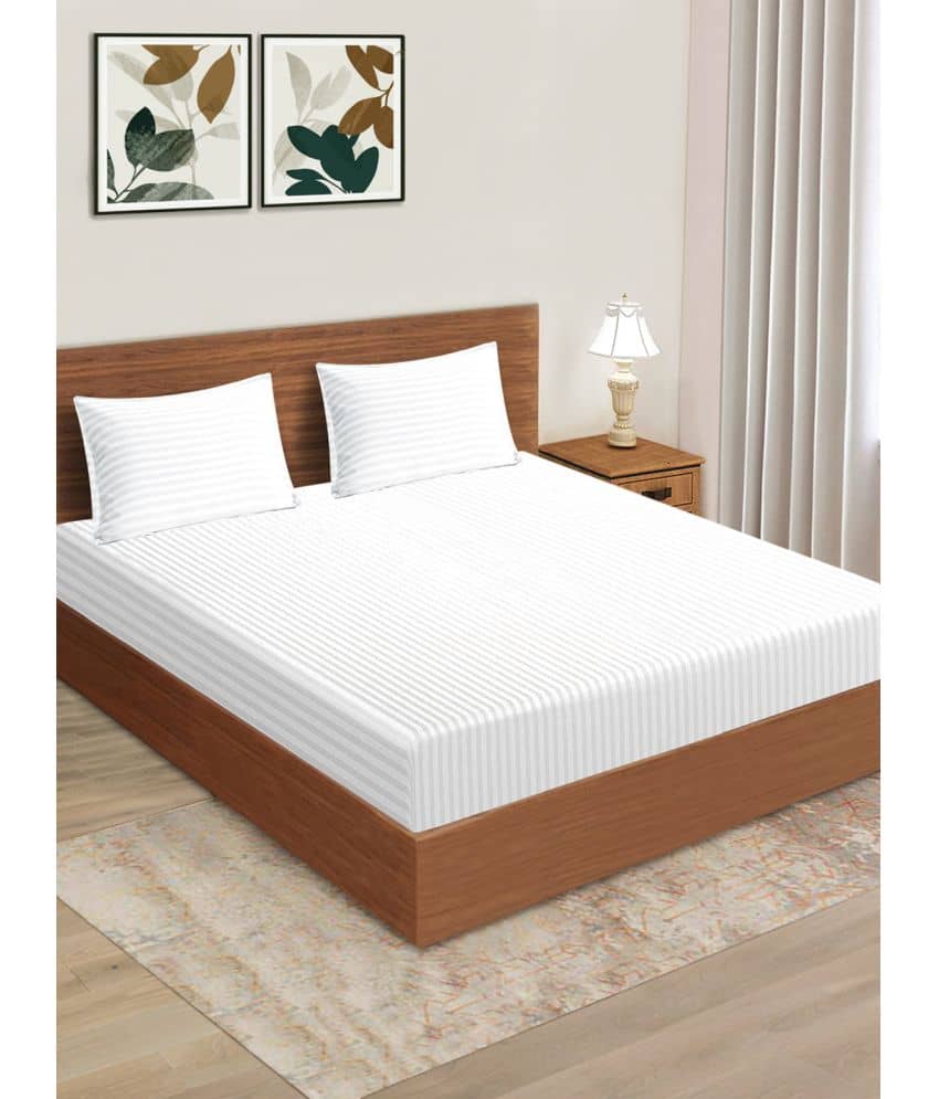 Home Candy Microfiber Vertical Striped King Size Bedsheet With 2 Pillow Covers - White