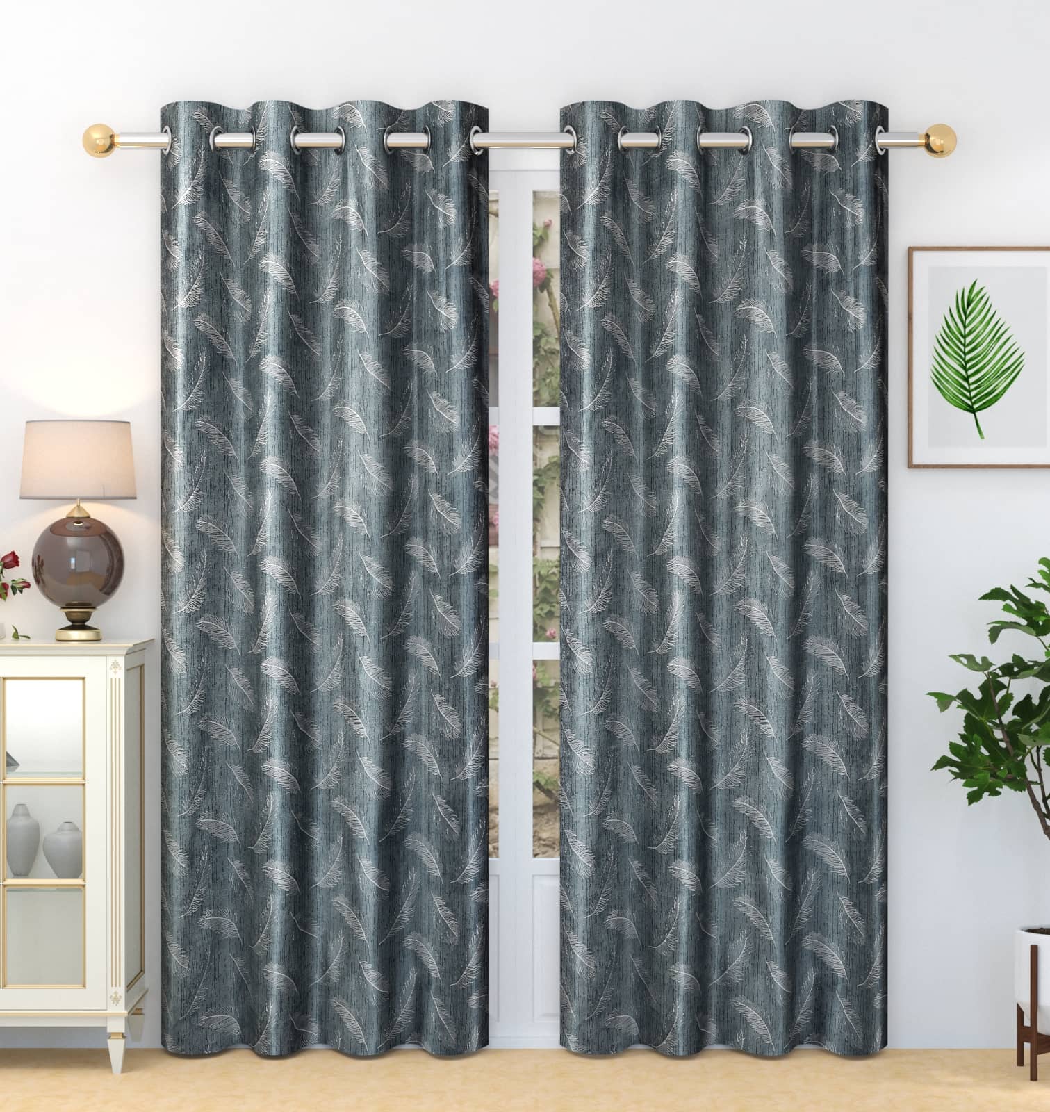Homefab India Printed Blackout Eyelet Window Curtain 5ft (Pack of 2) - Light Grey
