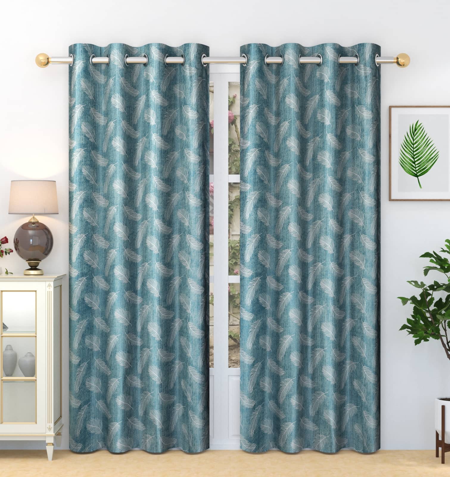 Homefab India Printed Blackout Eyelet Long Door Curtain 9ft (Pack of 2) - Blue