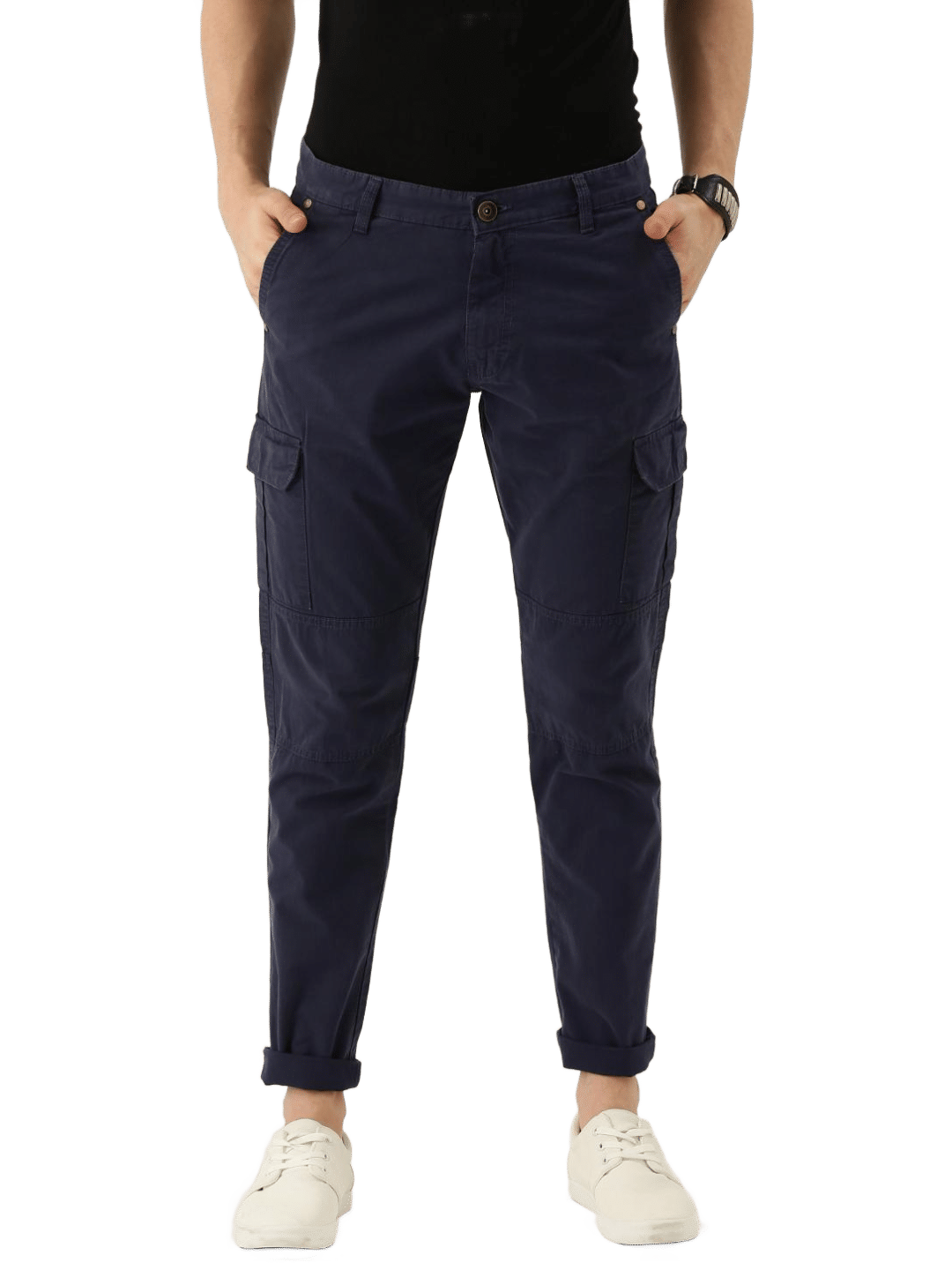 IVOC Men Navy Blue Slim Fit Solid Cargos - Trousers | Buy online on ZillyBuy