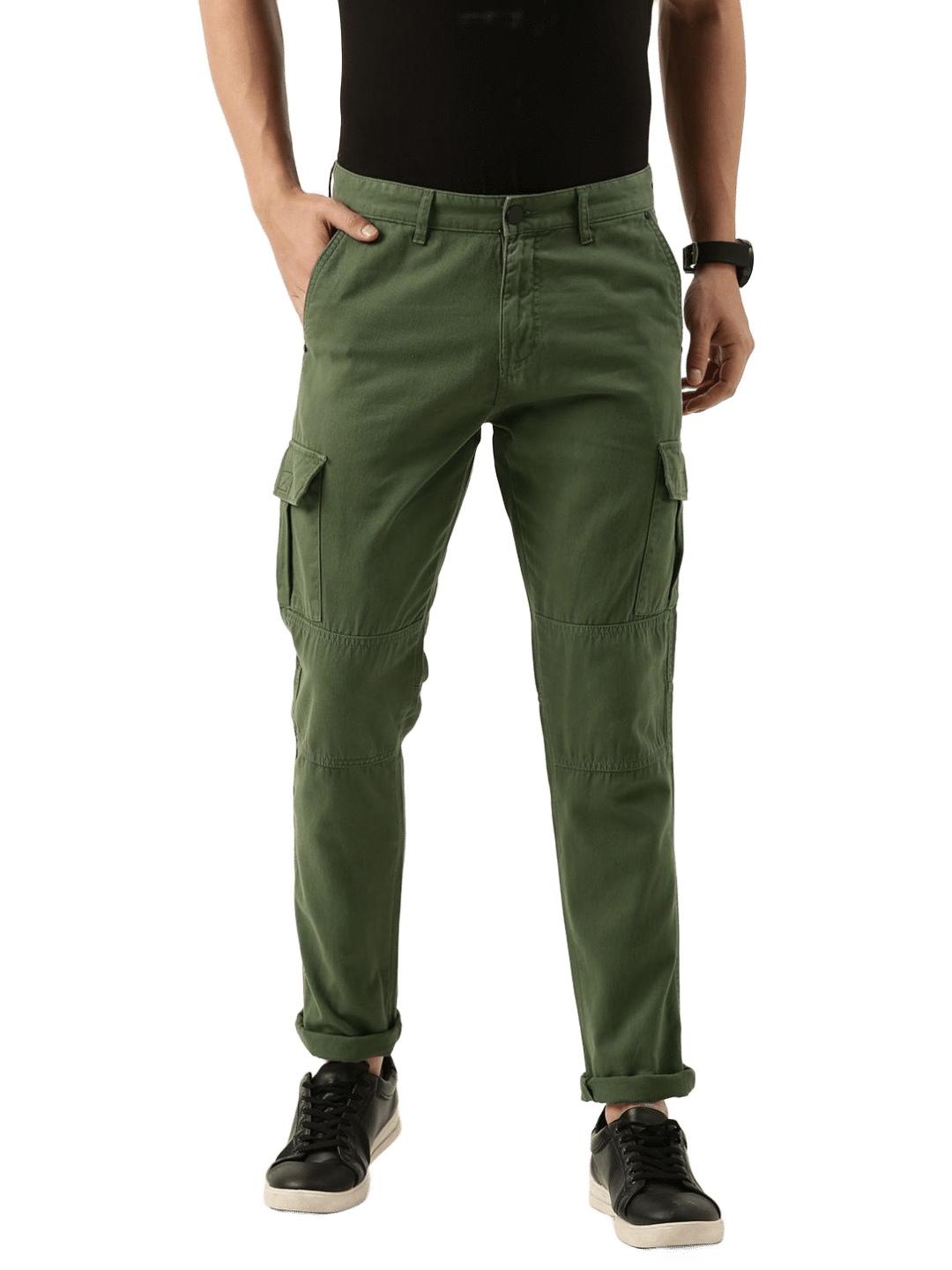     			IVOC Men Olive Green Pure Cotton Slim Fit Cargos