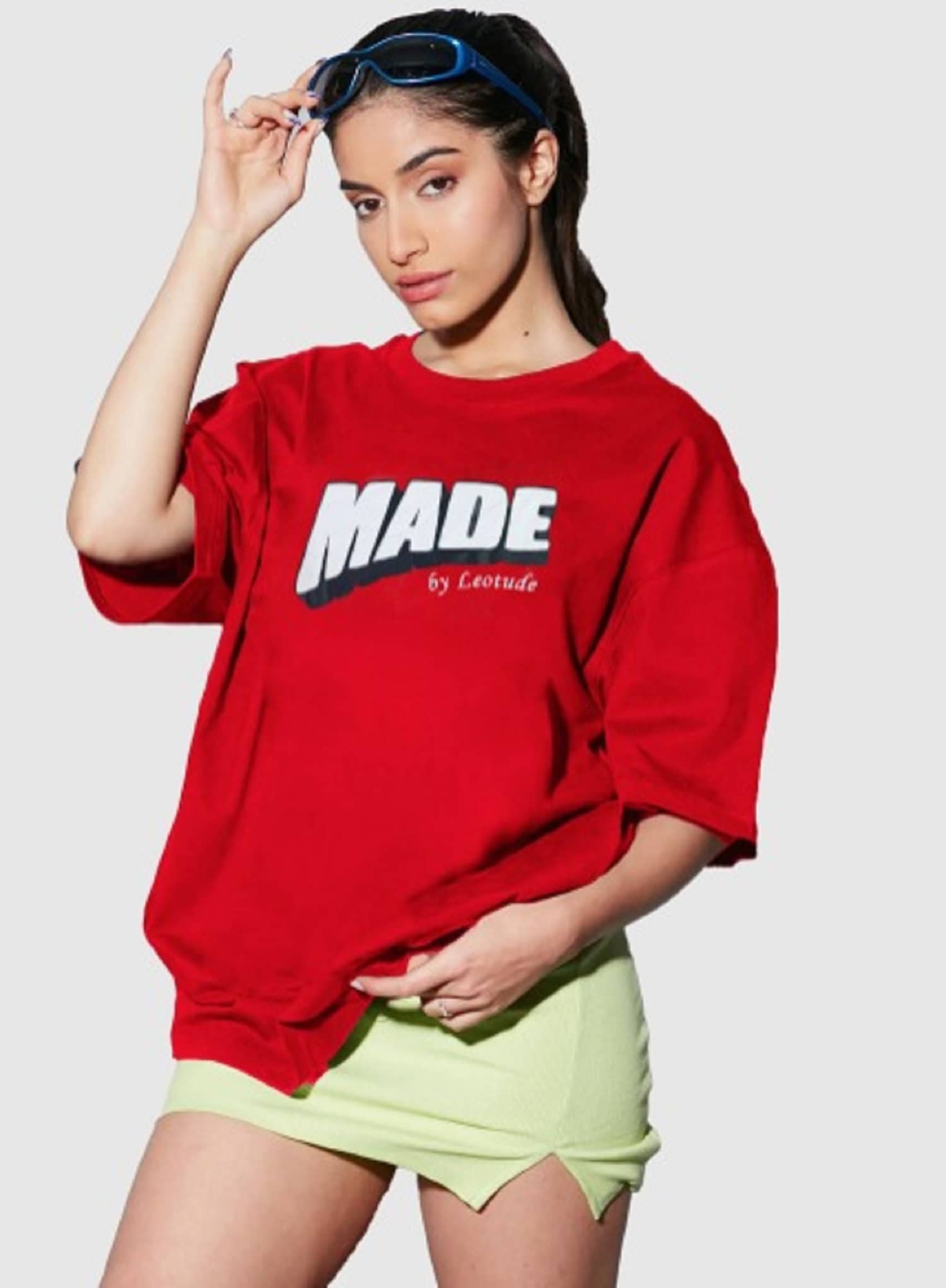 Leotude Women Cotton Blend Printed Oversized Fit Round Neck T-Shirt ( Red )