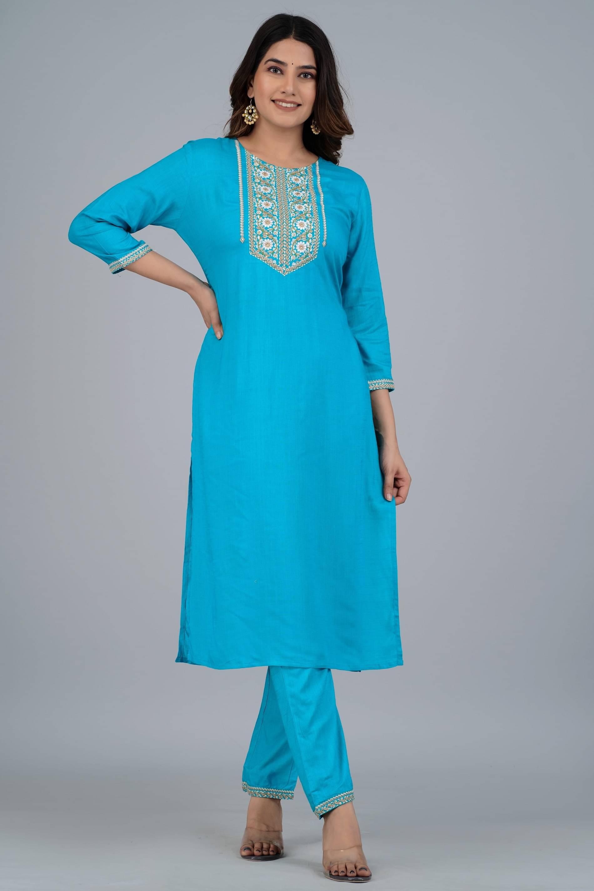 Mishree Collection - Turquoise A-line Rayon Women's Stitched Salwar Suit ( Pack of 1 ) Mishree Collection - Turquoise A-line Rayon Women's Stitched Salwar Suit ( Pack of 1 )