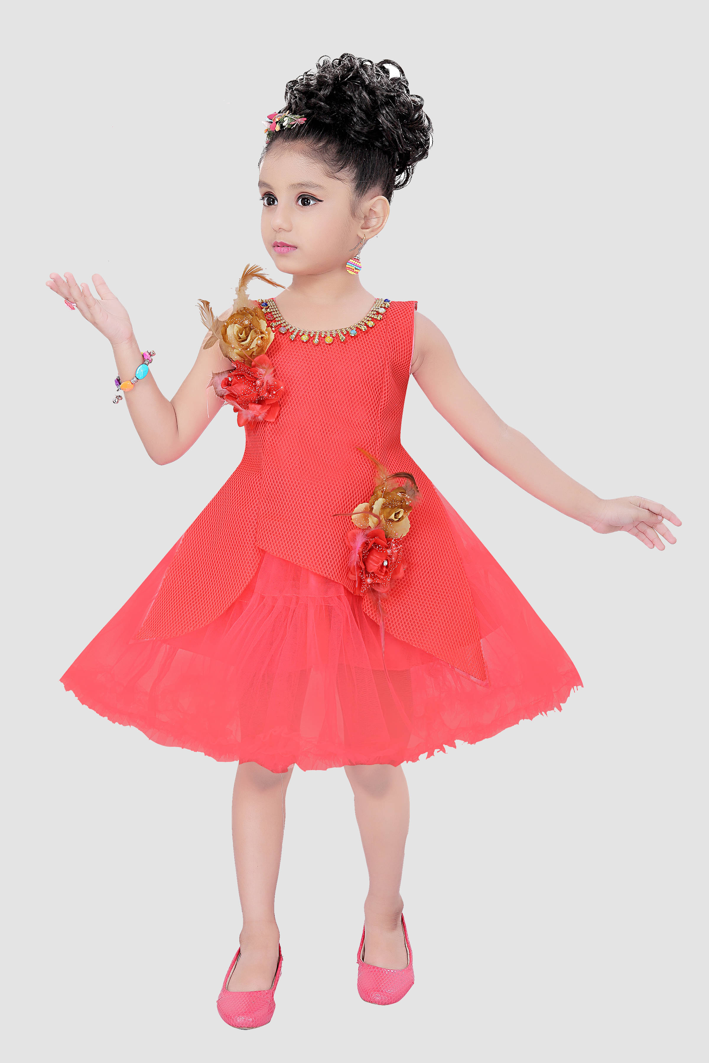     			9stiches - Dark Orange Net Girls Fit And Flare Dress ( Pack of 1 )