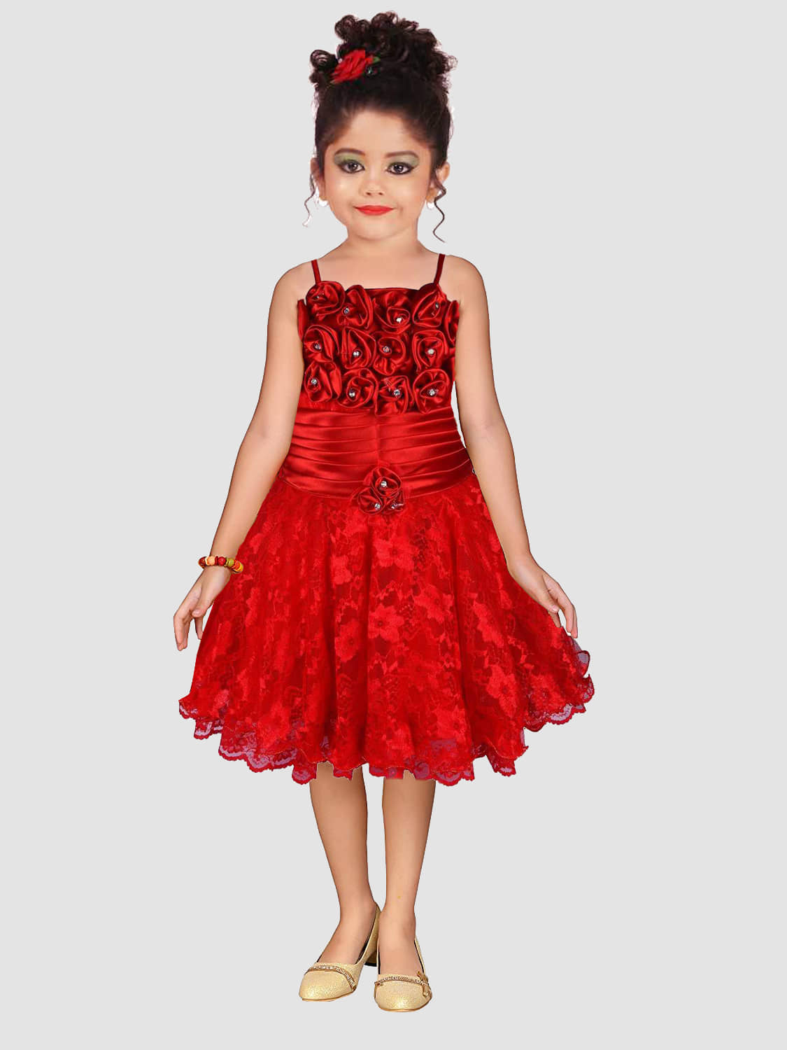 9stiches - Red Net Girls Frock ( Pack of 1 )