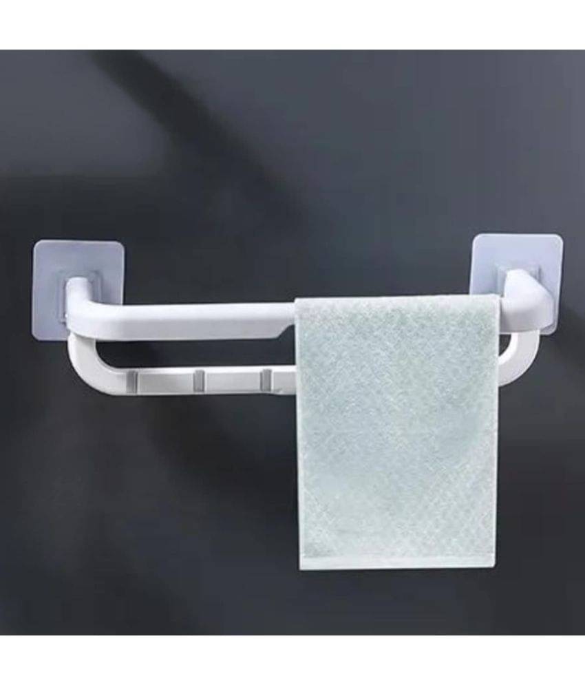     			BLUE HOME AND KITCHEN Plastic Self Adhesive Wall Mounted Double Towel Bar White with Hooks kitchen bathroom