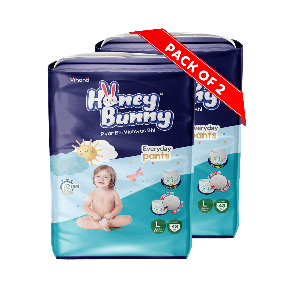     			Honey Bunny Pants Diapers L-96pcs (Pack of 2) Wetness Indicator,Silky Soft-Bubble sheet (9-14kgs)