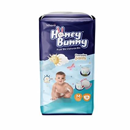     			Honey Bunny Pants Diapers M - 36 pcs with Wetness Indicator, Silky Soft - Bubble sheet (7-12 kgs)