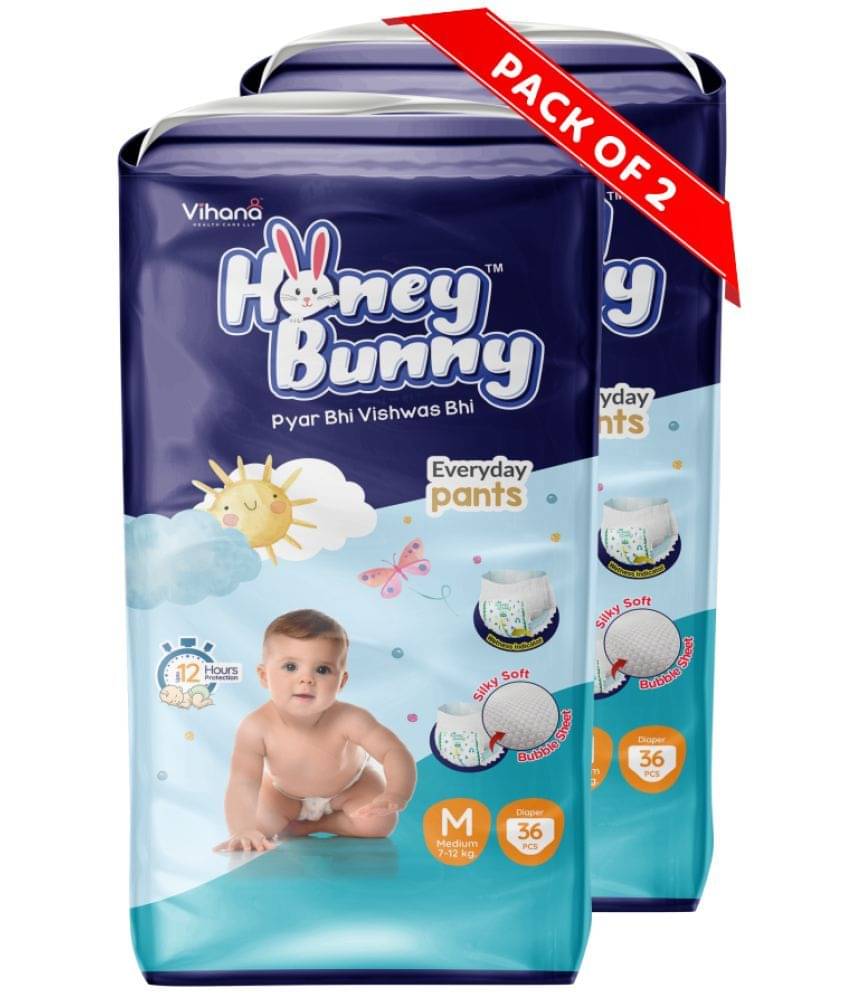 Honey Bunny Pants Diapers M-72pcs (Pack of 2) Wetness Indicator,Silky Soft-Bubble sheet (7-12kgs) Honey Bunny Pants Diapers M-72pcs (Pack of 2) Wetness Indicator,Silky Soft-Bubble sheet (7-12kgs)