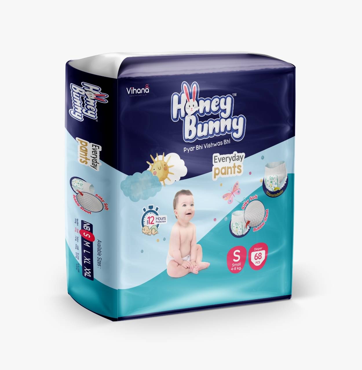 Honey Bunny Pants Diapers S - 68 pcs with Wetness Indicator, Silky Soft - Bubble sheet (4-8 kgs) Honey Bunny Pants Diapers S - 68 pcs with Wetness Indicator, Silky Soft - Bubble sheet (4-8 kgs)