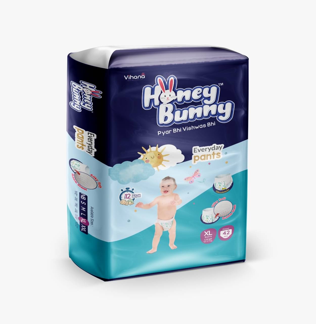 Honey Bunny Pants Diapers XL - 42 pcs with Wetness Indicator, Silky Soft - Bubble sheet (12-17-kgs) Honey Bunny Pants Diapers XL - 42 pcs with Wetness Indicator, Silky Soft - Bubble sheet (12-17-kgs)