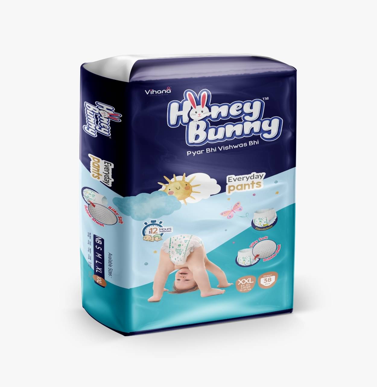     			Honey Bunny Pants Diapers XXL - 38 pcs with Wetness Indicator, Silky Soft - Bubble sheet (12-25 kgs)