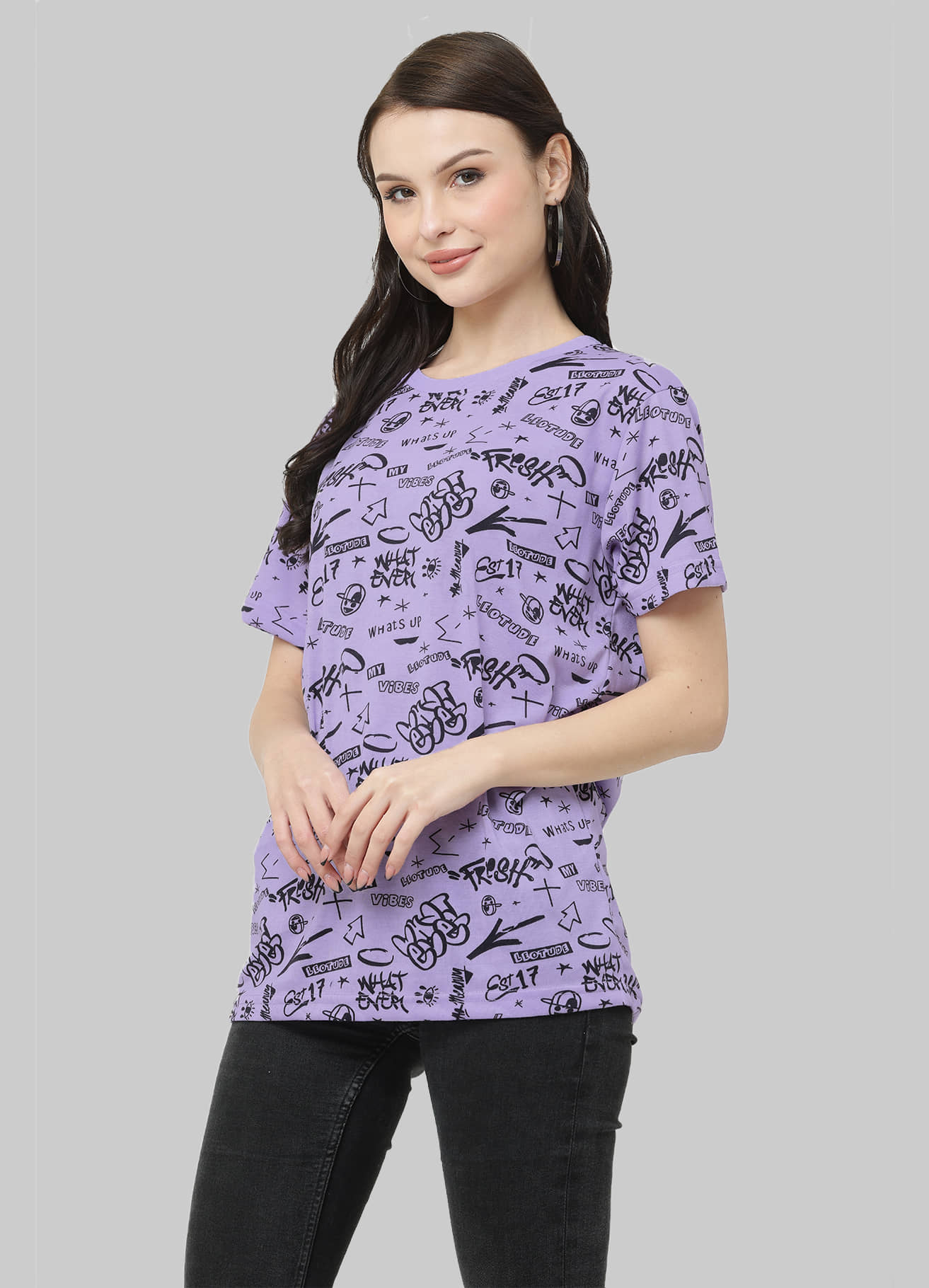 Leotude Women Cotton Blend Printed Oversized Fit Round Neck T-Shirt ( Purple )