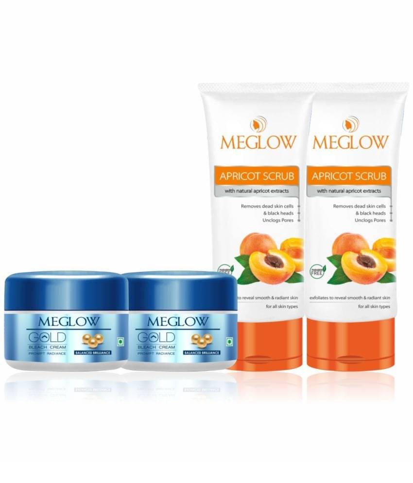     			Meglow Gold Bleach 50g (Pack of 2) + Apricot Scrub 70g (Pack of 2) - Skin Glow & Exfoliation Combo