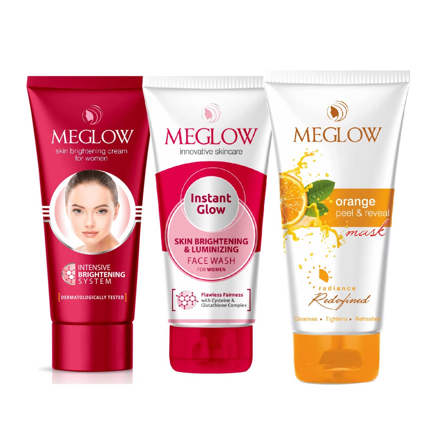 Meglow Skin Brightening Cream for Women 50g,Instant Glow Facewash 70g,Orange Peel & Reveal Mask 70g