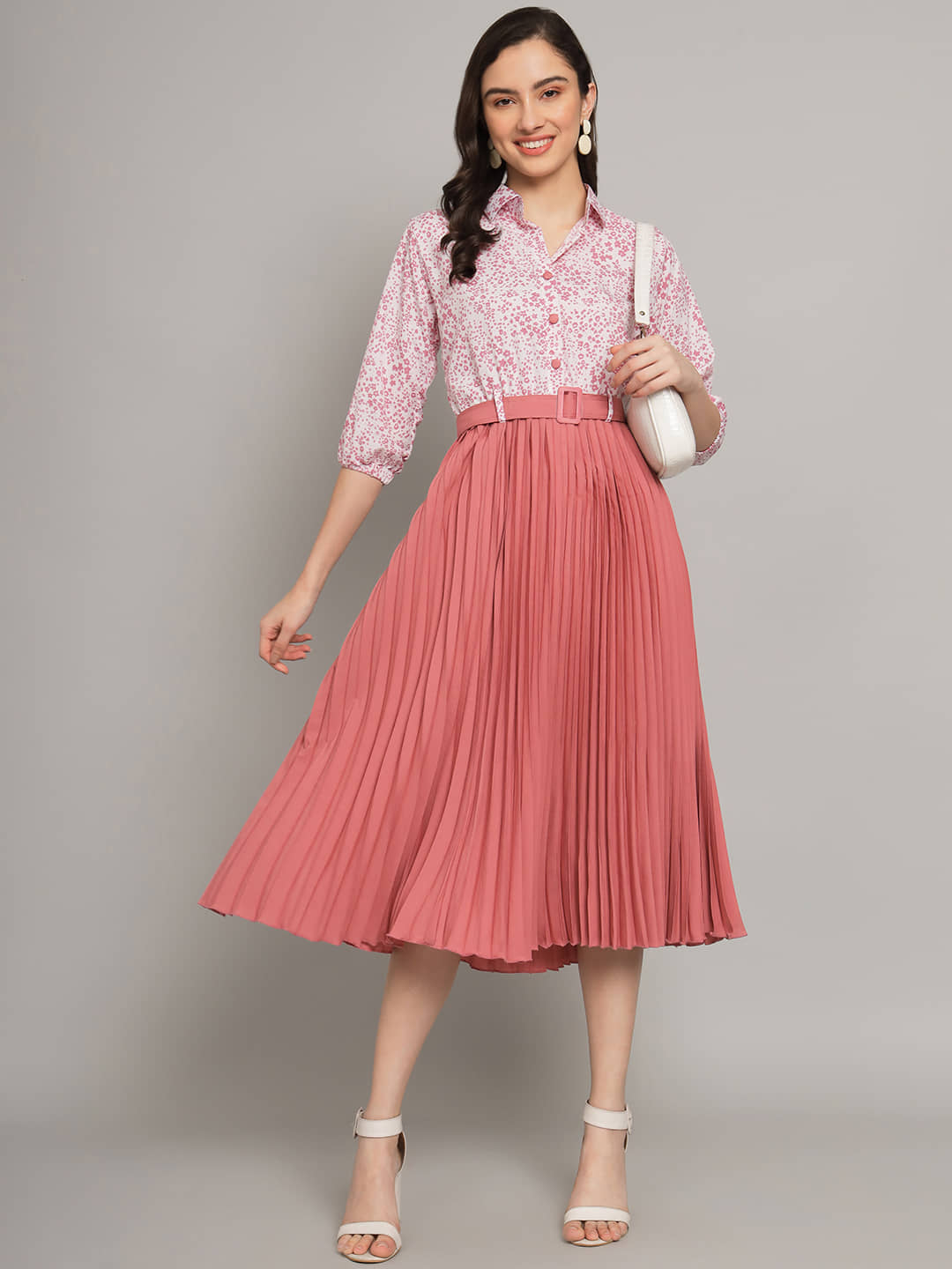 OTABU Women Polyester Printed Fit & Flare Dress ( Peach )