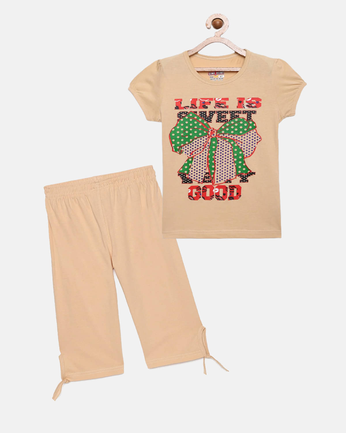     			Sini Mini Pack of 1 Girls Cotton Top With Capris ( Beige )