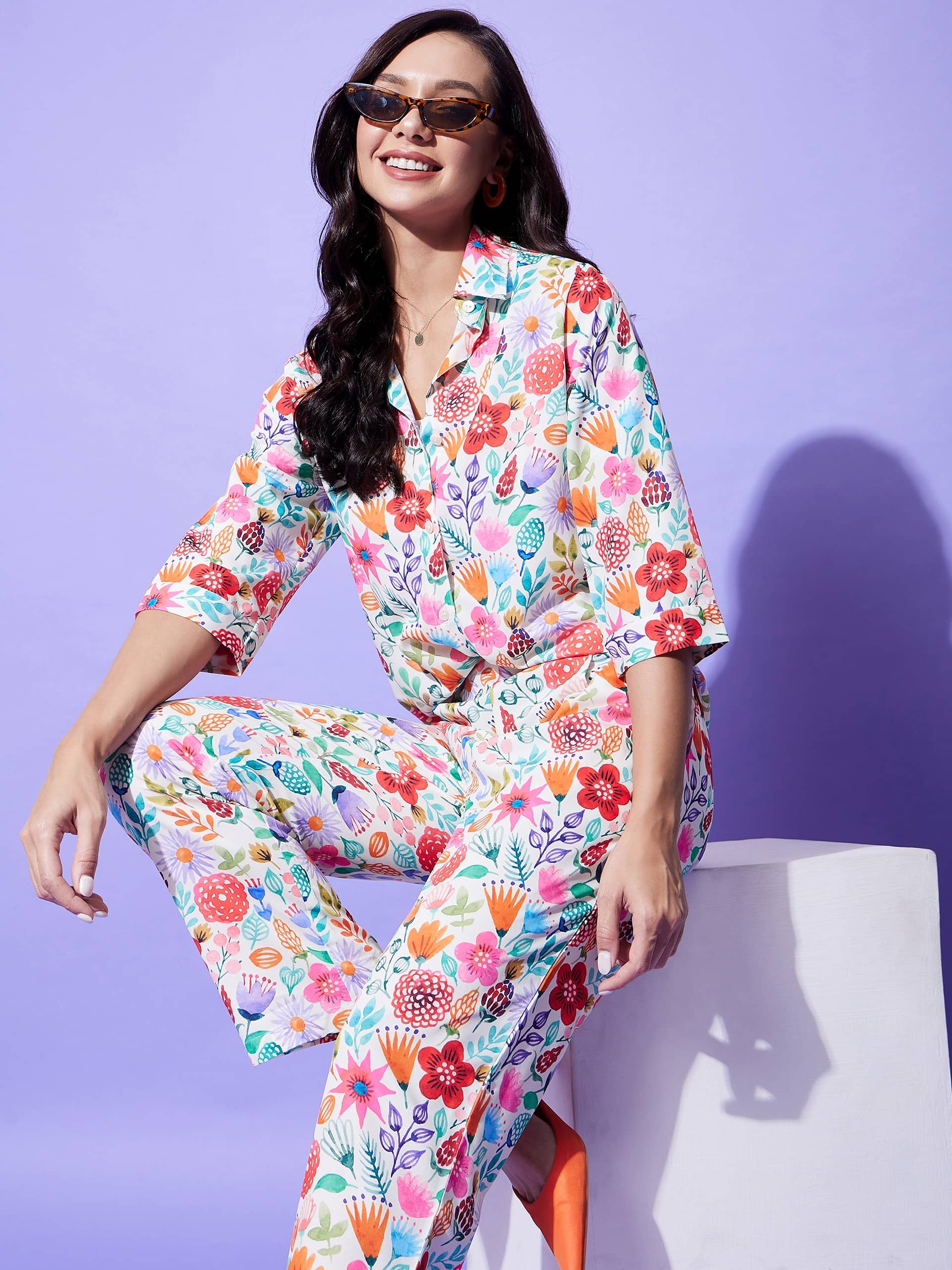 StyleStone Women Printed Shirt With Trousers Co-Ord Set ( Peach )