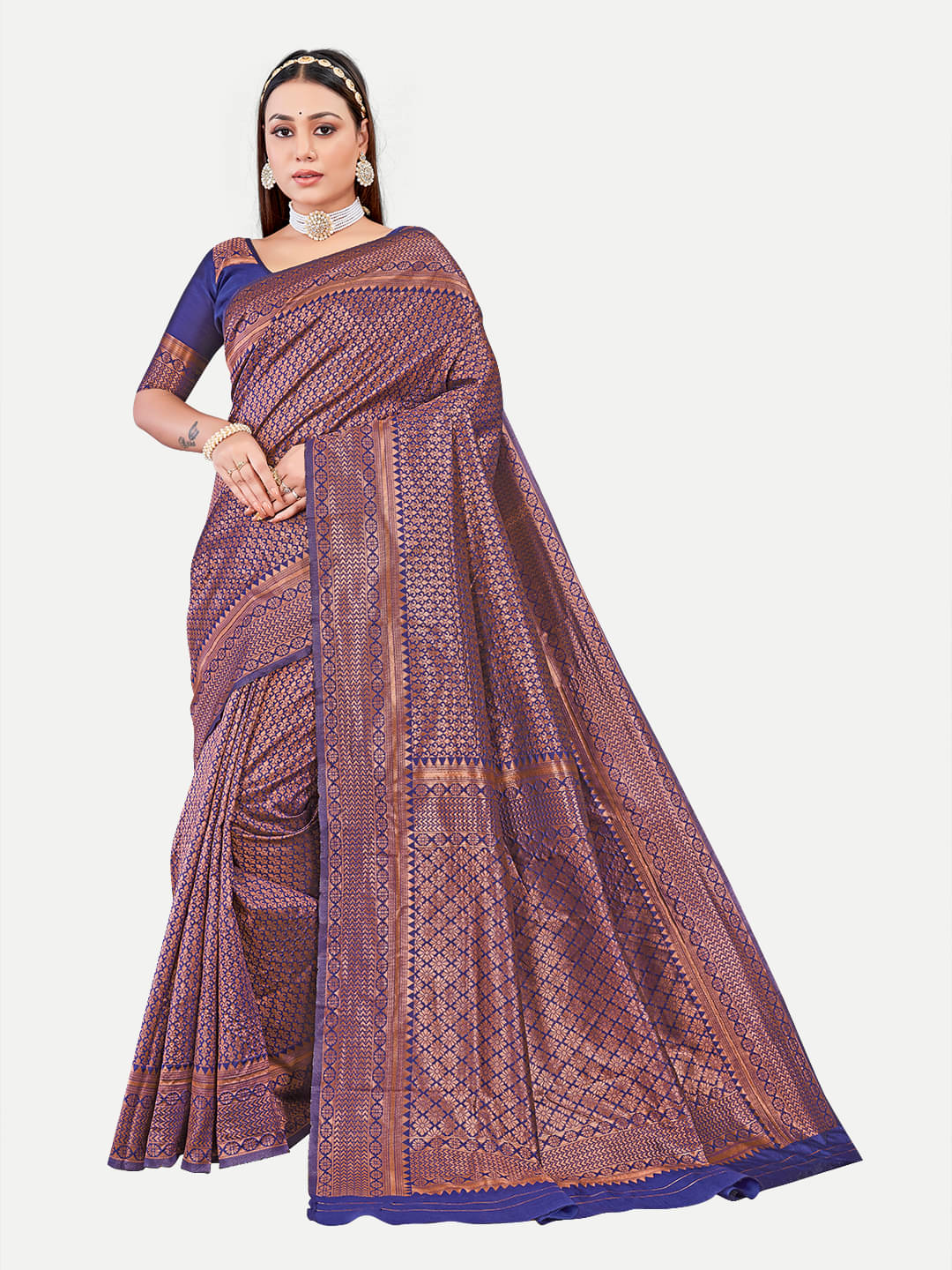     			tavas Georgette Woven Saree With Unstitched Blouse Piece ( Navy Blue )