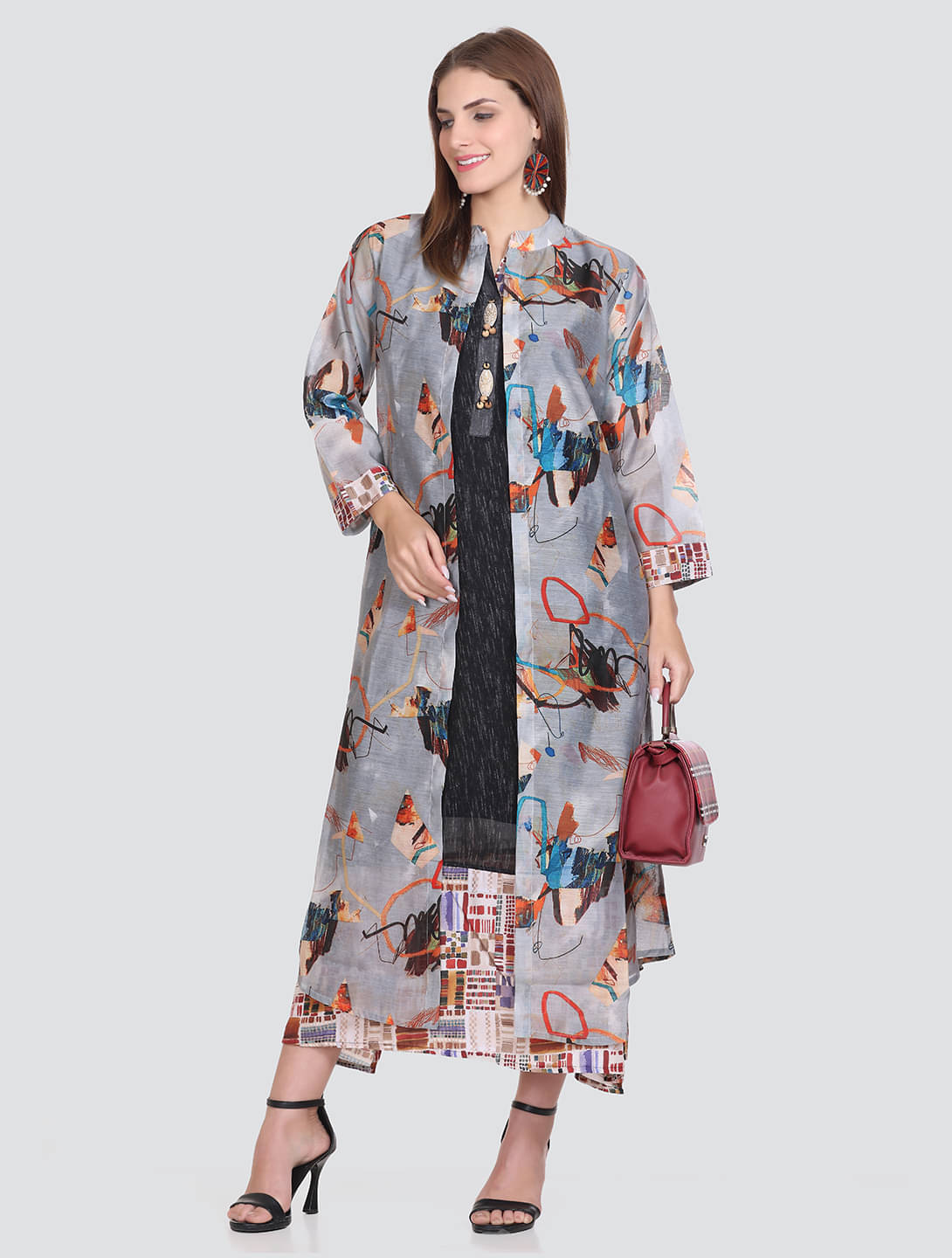 ELTHIA Women Silk Printed Ethnic Dress ( Black )     			ELTHIA Women Silk Printed Ethnic Dress ( Black )