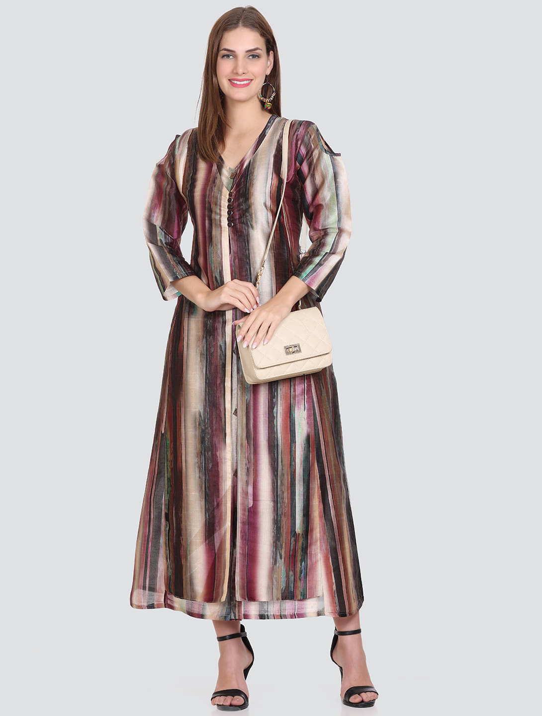     			ELTHIA Women Silk Printed Fit & Flare Dress ( Brown )