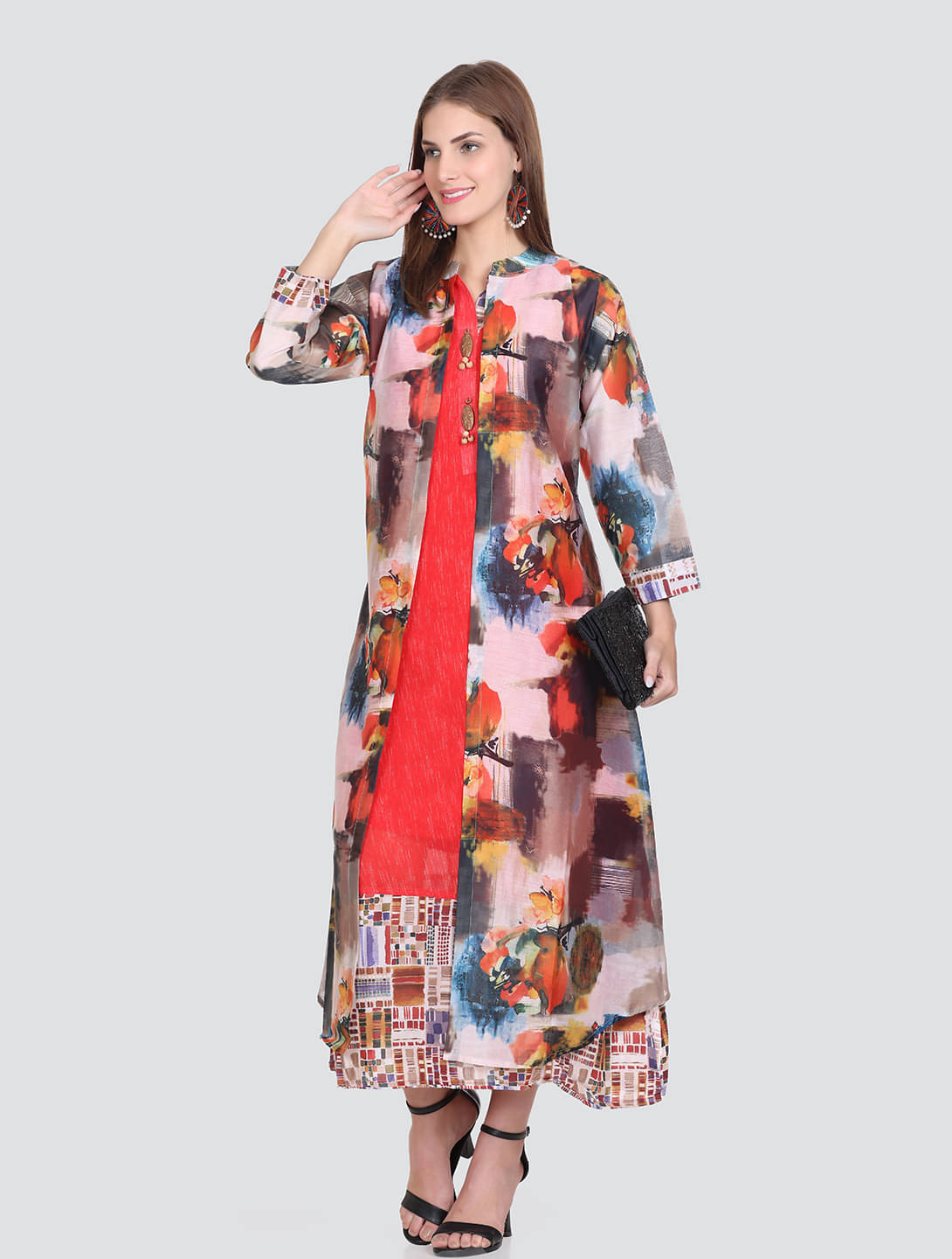     			ELTHIA Women Silk Printed Ethnic Dress ( Red )