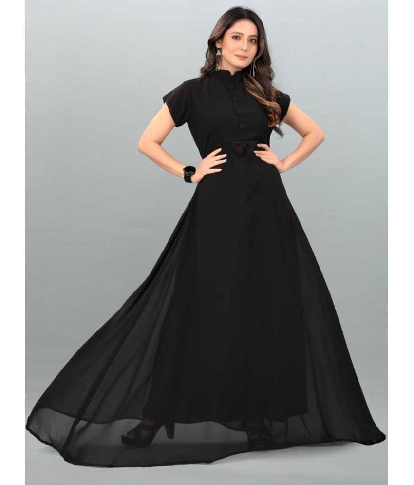 JASH CREATION Women Georgette Solid Gown ( Black ) JASH CREATION Women Georgette Solid Gown ( Black )