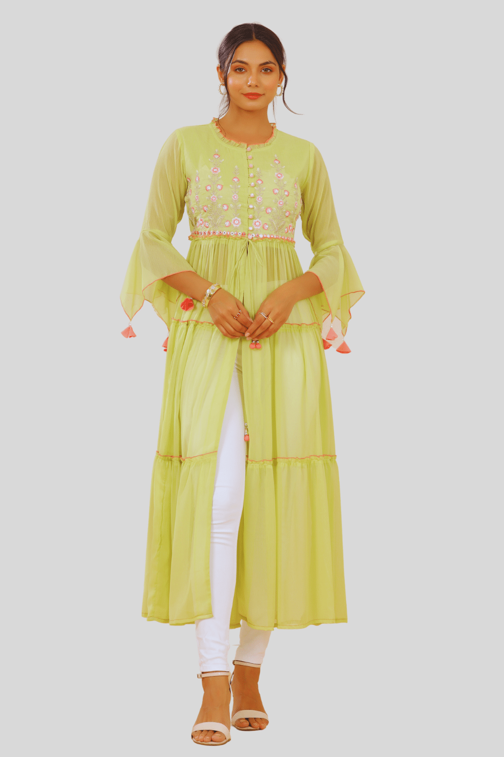Juniper - Green Chiffon Women's Front Slit Kurti ( Pack of 1 ) Juniper - Green Chiffon Women's Front Slit Kurti ( Pack of 1 )