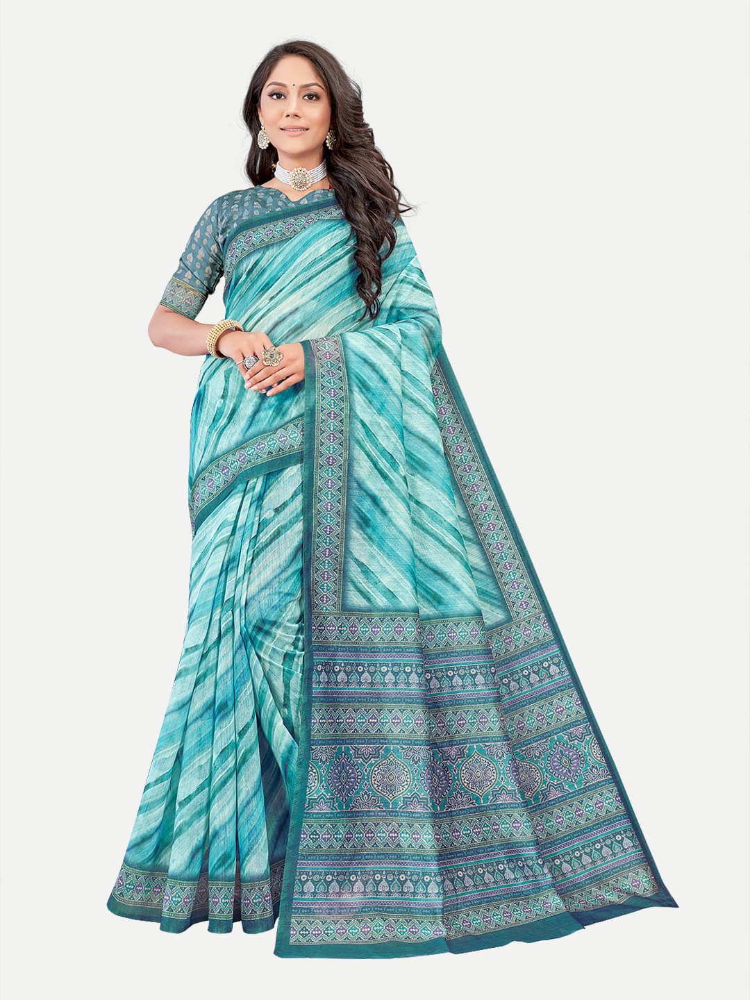 tavas Chanderi Printed Saree With Unstitched Blouse Piece ( Blue ) tavas Chanderi Printed Saree With Unstitched Blouse Piece ( Blue )